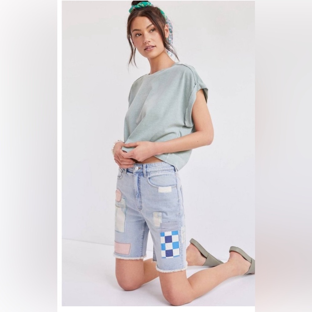 Pilcro Ultra-High Rise Bermuda Denim Patchwork Shorts